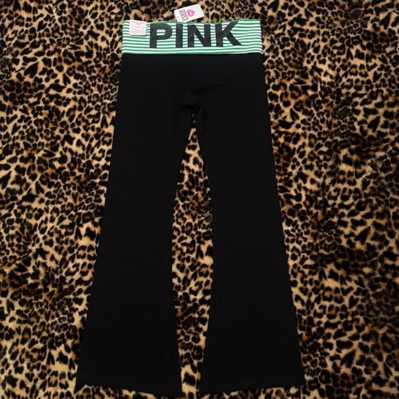 PINK Victoria's Secret Pants - PINK Victoria's Secret Black and Green striped fold over Leggings